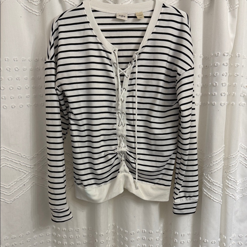 Great Daytrip Striped Black & White Lace-Up Women's Top - Small